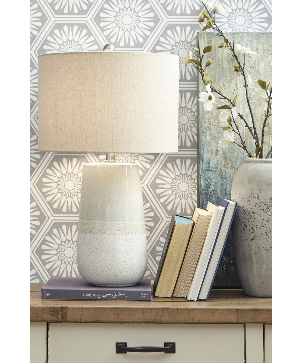 signature design by ashley shavon contemporary 27" textured neutral glaze table lamp, beige & white