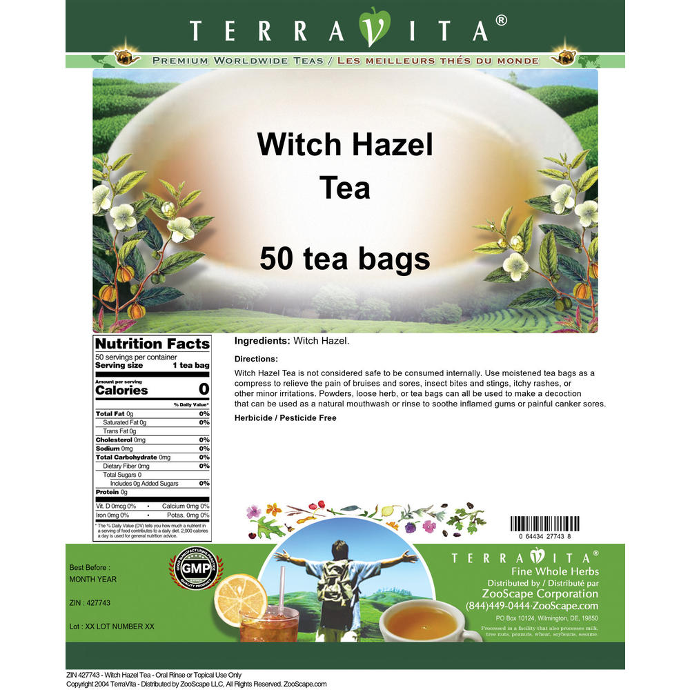 TerraVita Witch Hazel Tea - Oral Rinse or Topical Use Only (50 tea bags, ZIN: 427743)