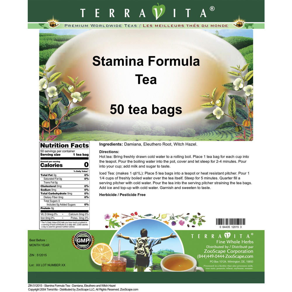 TerraVita Stamina Formula Tea - Damiana, Eleuthero and Witch Hazel (50 tea bags, ZIN: 512015)