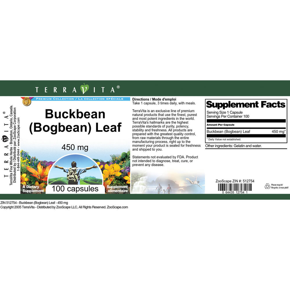 TerraVita Buckbean (Bogbean) Leaf - 450 mg (100 capsules, ZIN: 512754)