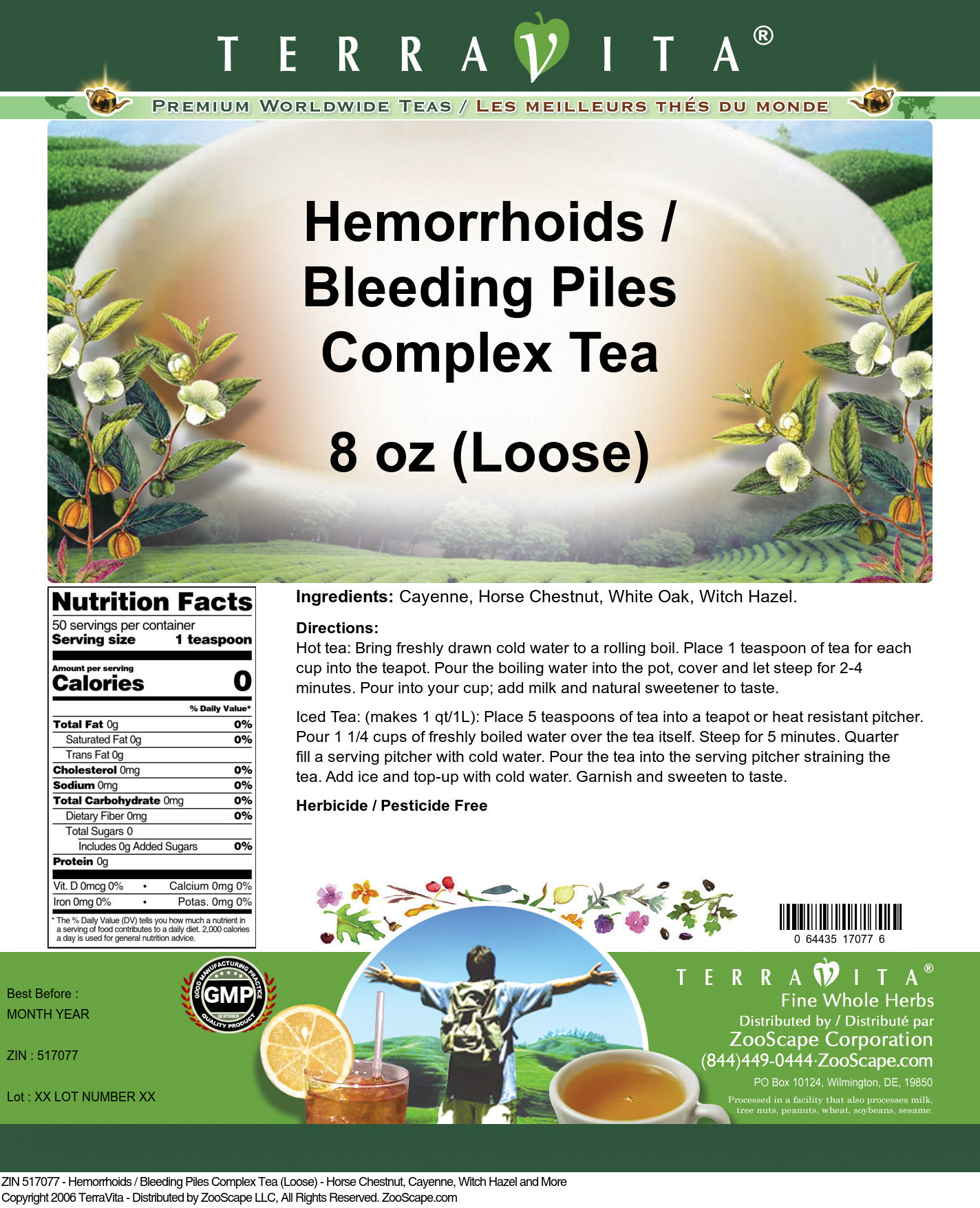 TerraVita Hemorrhoids / Bleeding Piles Complex Tea (Loose) - Horse Chestnut, Cayenne, Witch Hazel and More (8 oz, ZIN: 517077)