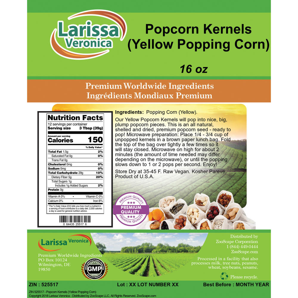Larissa Veronica Popcorn Kernels (Yellow Popping Corn) (16 oz, ZIN: 525517)
