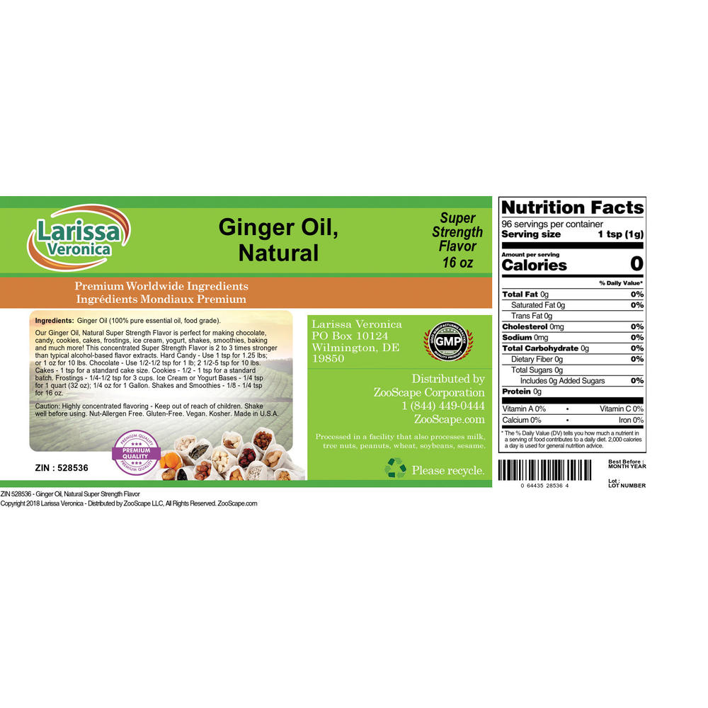 Larissa Veronica Ginger Oil, Natural Super Strength Flavor (16 oz, ZIN: 528536)