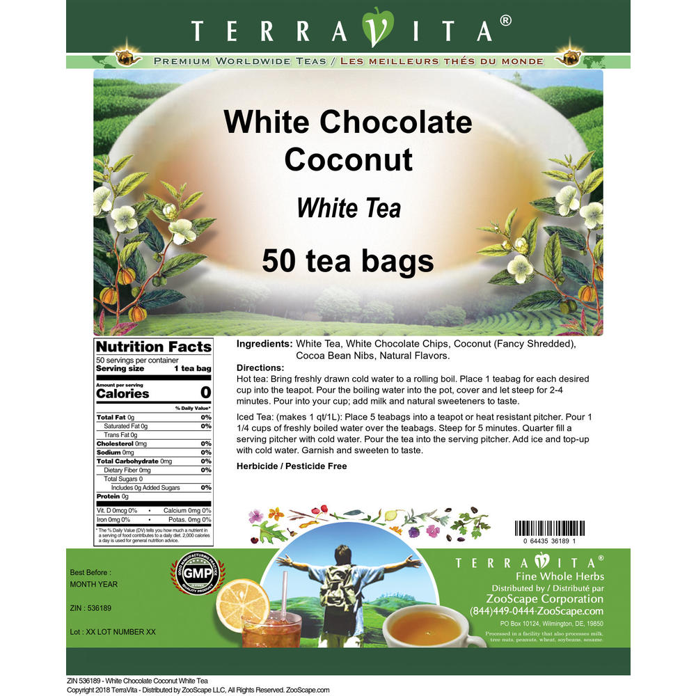 TerraVita White Chocolate Coconut White Tea (50 tea bags, ZIN: 536189)