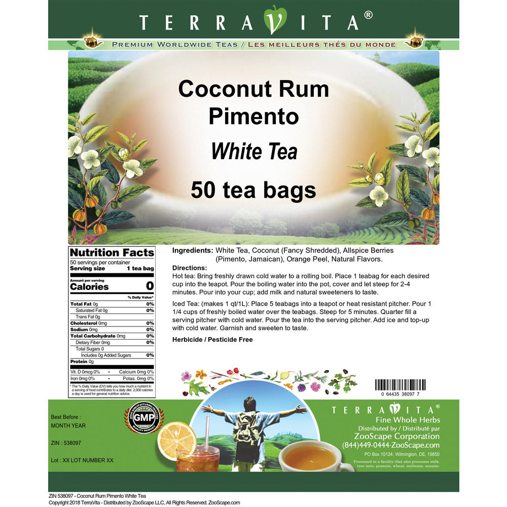 TerraVita Coconut Rum Pimento White Tea (50 tea bags, ZIN: 538097)