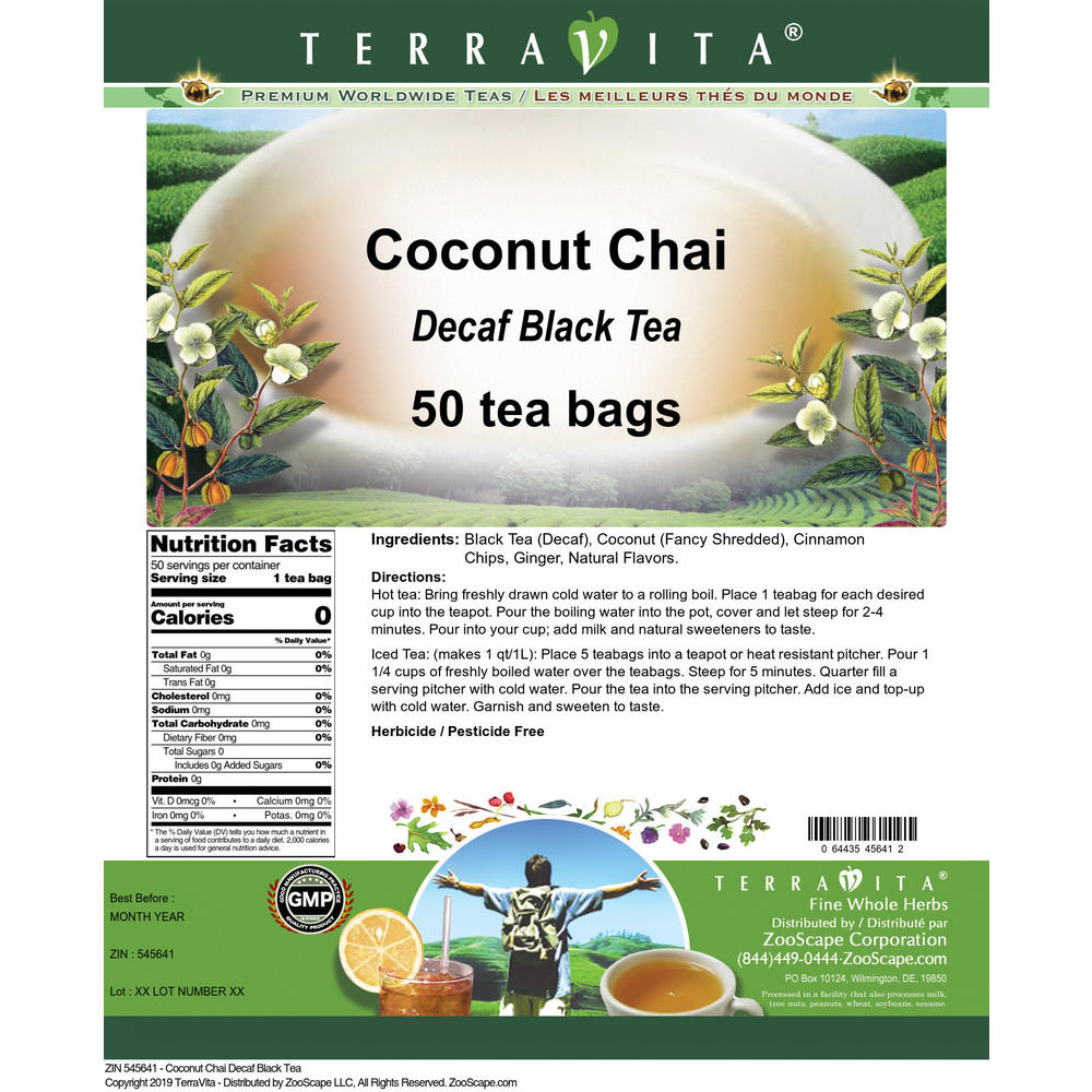 TerraVita Coconut Chai Decaf Black Tea (50 tea bags, ZIN: 545641)