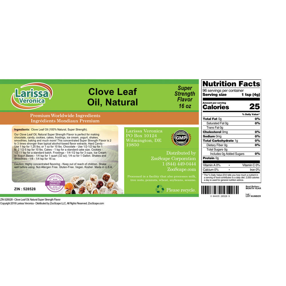 Larissa Veronica Clove Leaf Oil, Natural Super Strength Flavor (16 oz, ZIN: 528528)