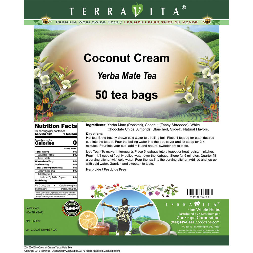 TerraVita Coconut Cream Yerba Mate Tea (50 tea bags, ZIN: 550030)
