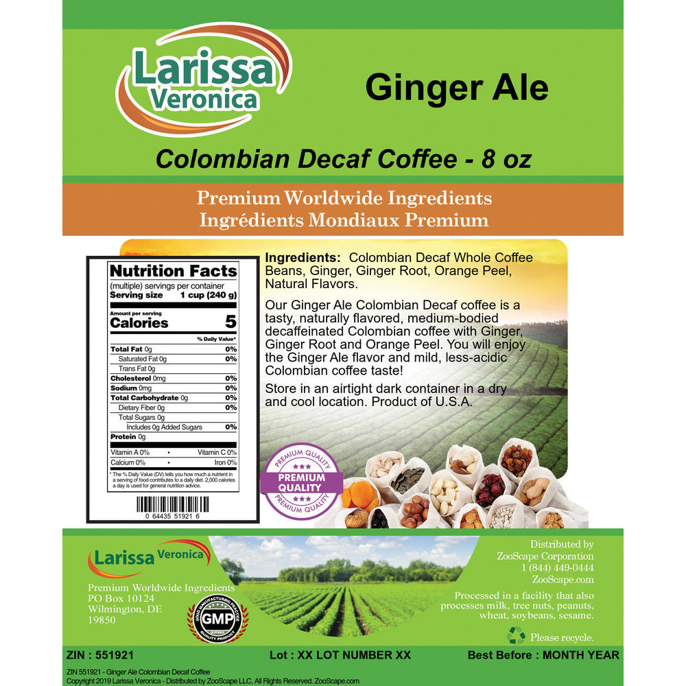 Larissa Veronica Ginger Ale Colombian Decaf Coffee (8 oz, ZIN: 551921)