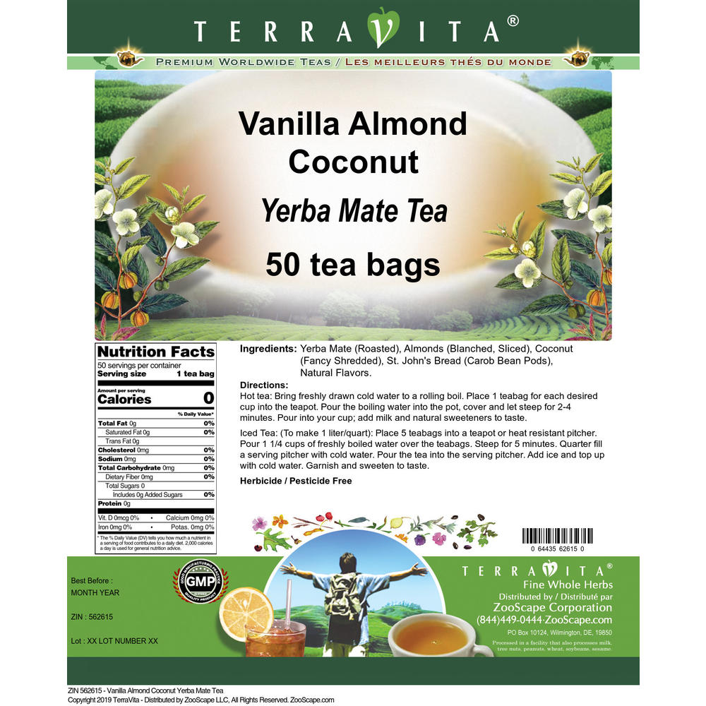 TerraVita Vanilla Almond Coconut Yerba Mate Tea (50 tea bags, ZIN: 562615)