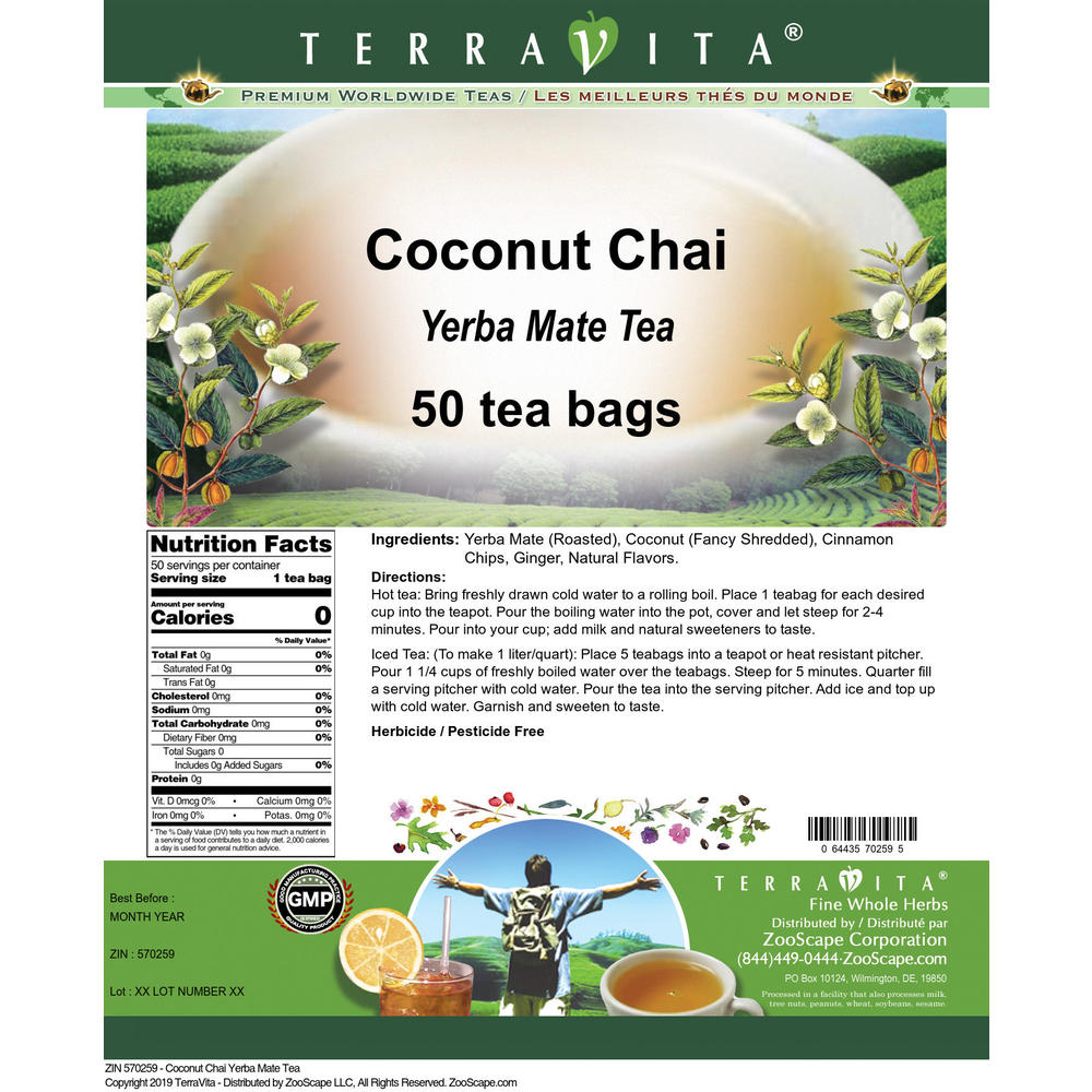 TerraVita Coconut Chai Yerba Mate Tea (50 tea bags, ZIN: 570259)