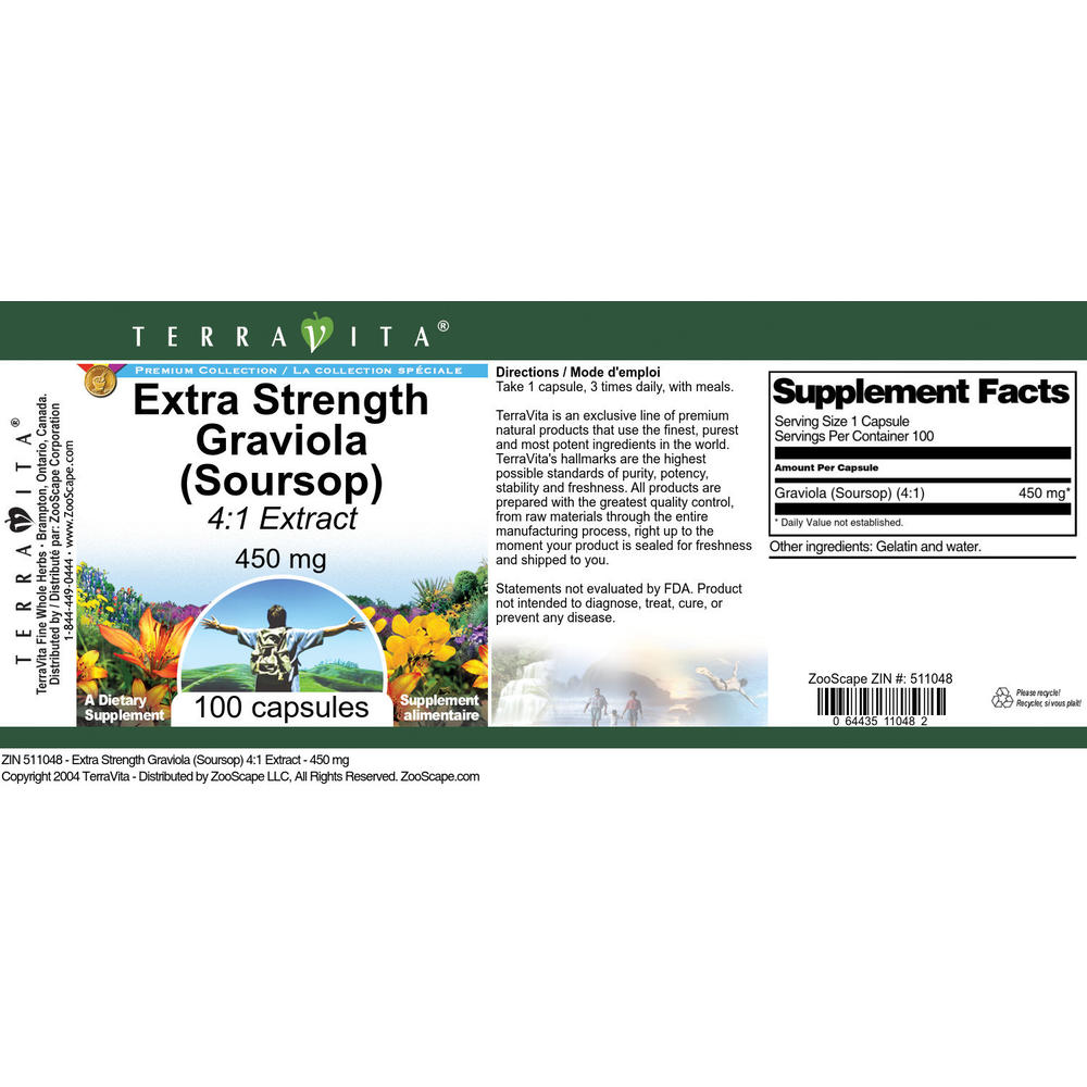 TerraVita Extra Strength Graviola (Soursop) 4:1 Extract - 450 mg (100 capsules, ZIN: 511048)
