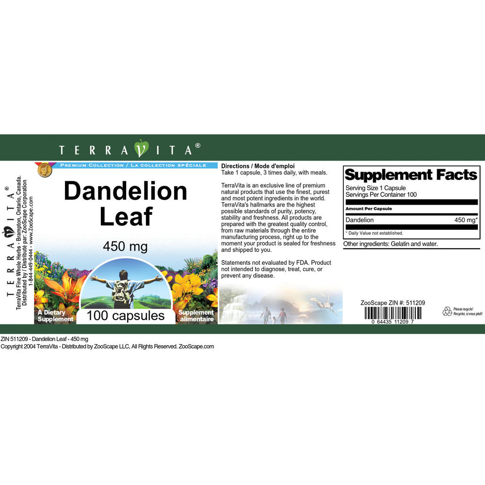 TerraVita Dandelion Leaf - 450 mg (100 capsules, ZIN: 511209)