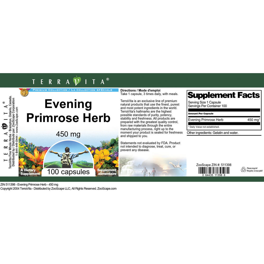 TerraVita Evening Primrose Herb - 450 mg (100 capsules, ZIN: 511398)