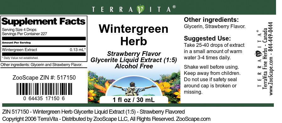 TerraVita Wintergreen Herb Glycerite Liquid Extract (1:5) - Strawberry Flavored (1 oz, ZIN: 517150)