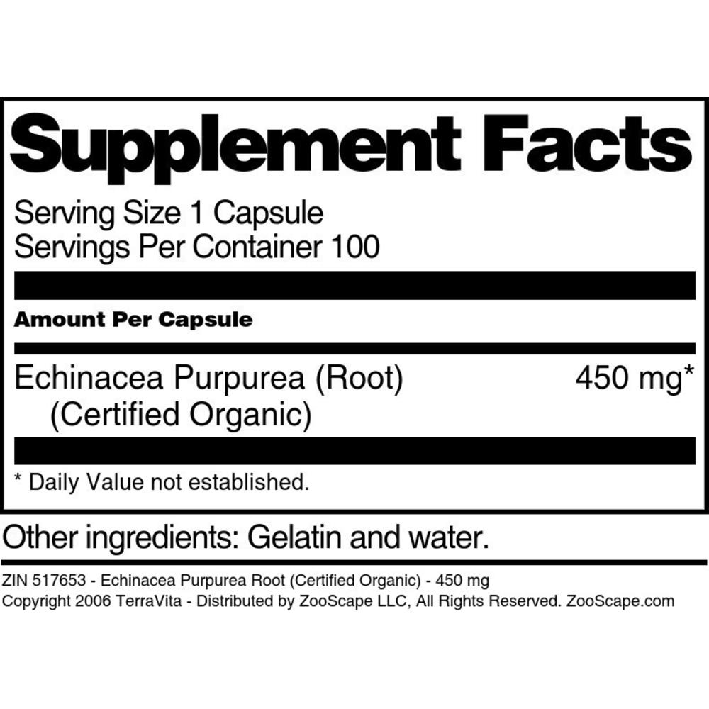 TerraVita Echinacea Purpurea Root (Certified Organic) - 450 mg (100 capsules, ZIN: 517653)