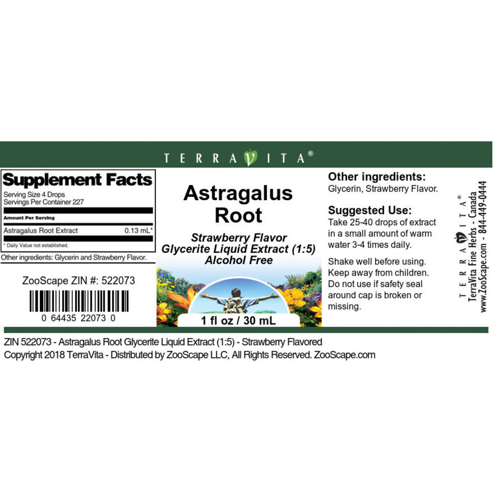 TerraVita Astragalus Root Glycerite Liquid Extract (1:5) - Strawberry Flavored (1 oz, ZIN: 522073)