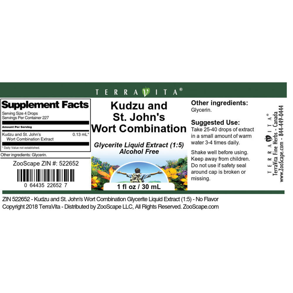 TerraVita Kudzu and St. John's Wort Combination Glycerite Liquid Extract (1:5) - No Flavor (1 oz, ZIN: 522652)