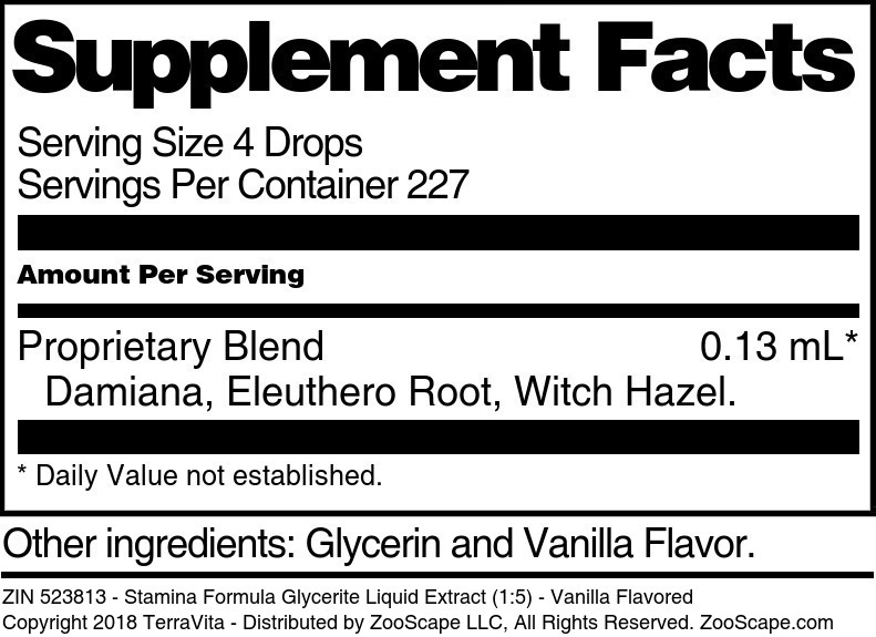 TerraVita Stamina Formula Glycerite Liquid Extract (1:5) - Vanilla Flavored (1 oz, ZIN: 523813)