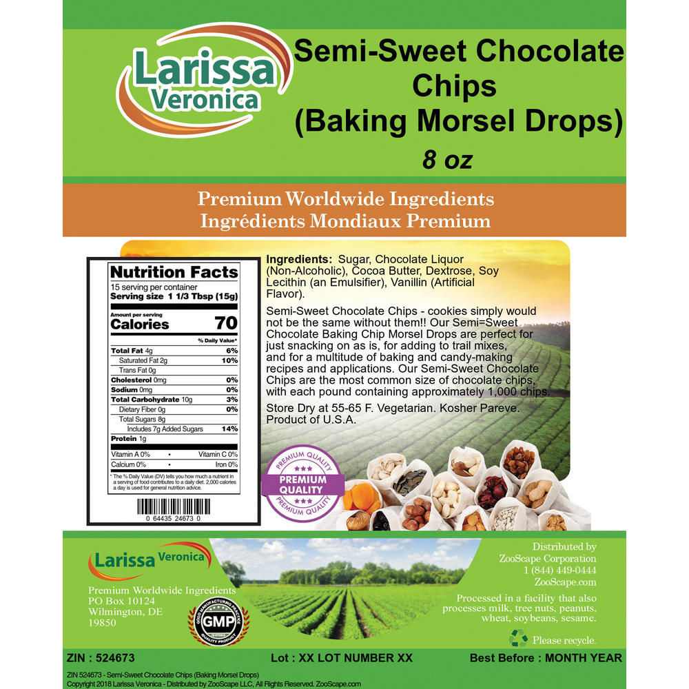 Larissa Veronica Semi-Sweet Chocolate Chips (Baking Morsel Drops) (8 oz, ZIN: 524673)