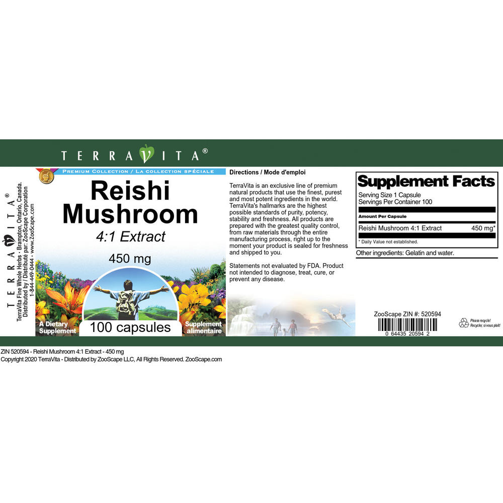 TerraVita Reishi Mushroom 4:1 Extract - 450 mg (100 capsules, ZIN: 520594)