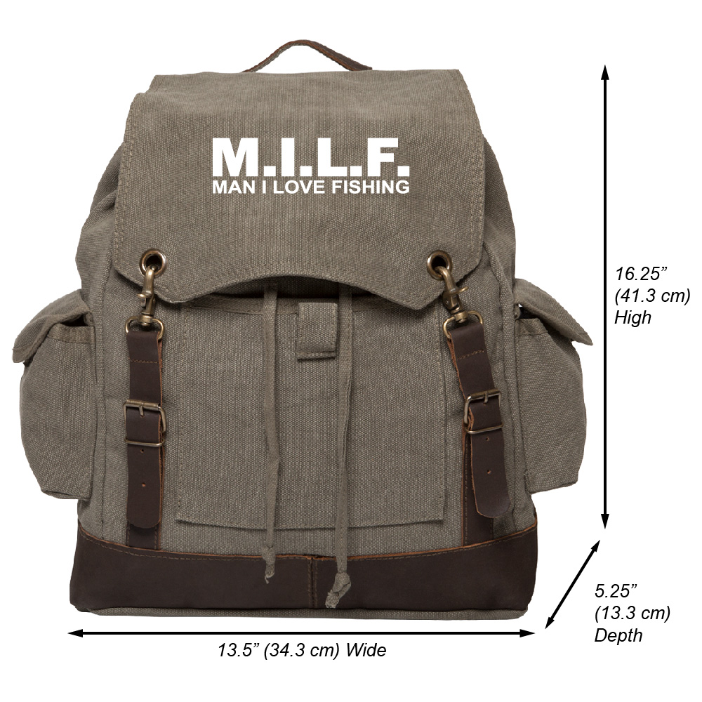 Army Force Gear MILF man I love fishing Vintage Canvas Rucksack Backpack with Leather Straps
