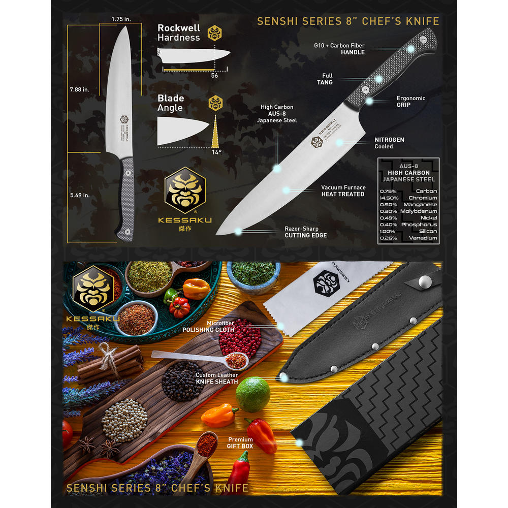 Kessaku 8-Inch Chef and 8-Inch Santoku - Senshi Series Knife Set - High Carbon AUS-8 Stainless Steel - Carbon Fiber G10 Handle