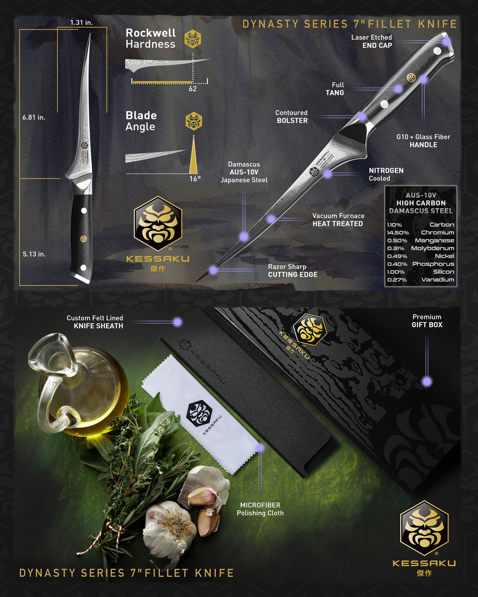 Kessaku Flexible Fillet Knife - 7 inch - Damascus Dynasty Series - Flexible - Razor Sharp - AUS-10V Stainless Steel - G10 Handle