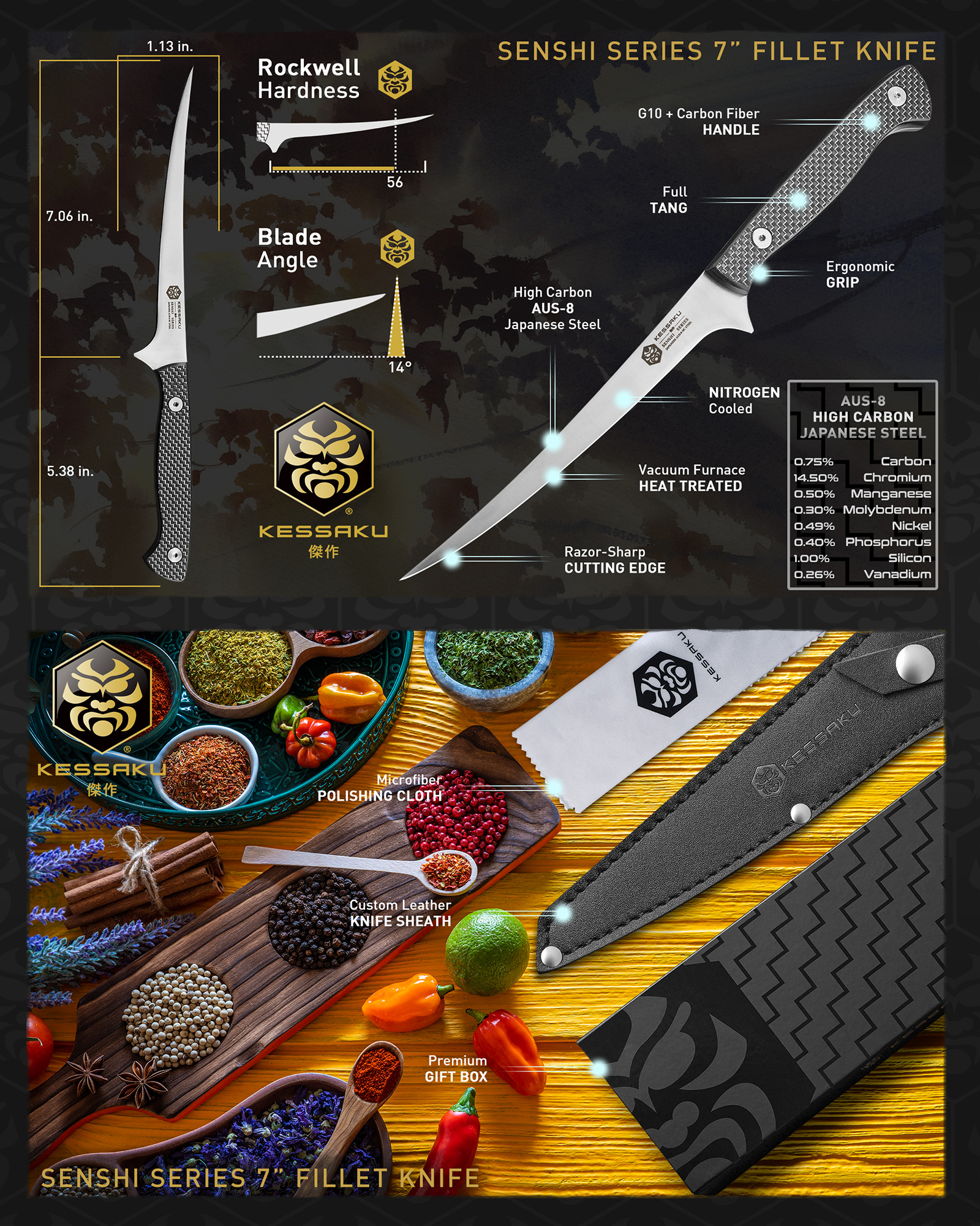 Kessaku Flexible Fillet Knife - 7 inch - Senshi Series - Flexible - Razor Sharp - AUS8 Stainless Steel - Carbon Fiber G10 Handle