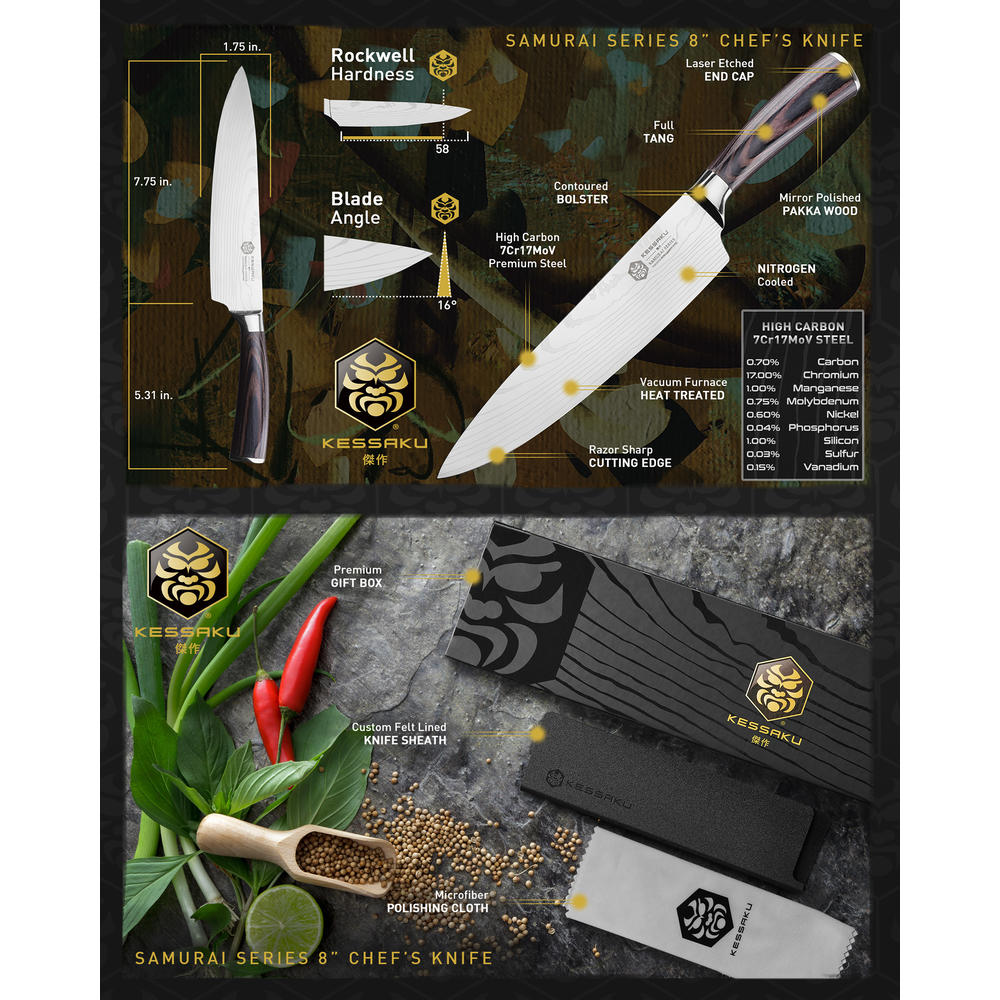 Kessaku Chef Knife - 8 inch - Samurai Series - Razor Sharp Kitchen Knife - 7Cr17MoV High Carbon Stainless Steel - Wood Handle