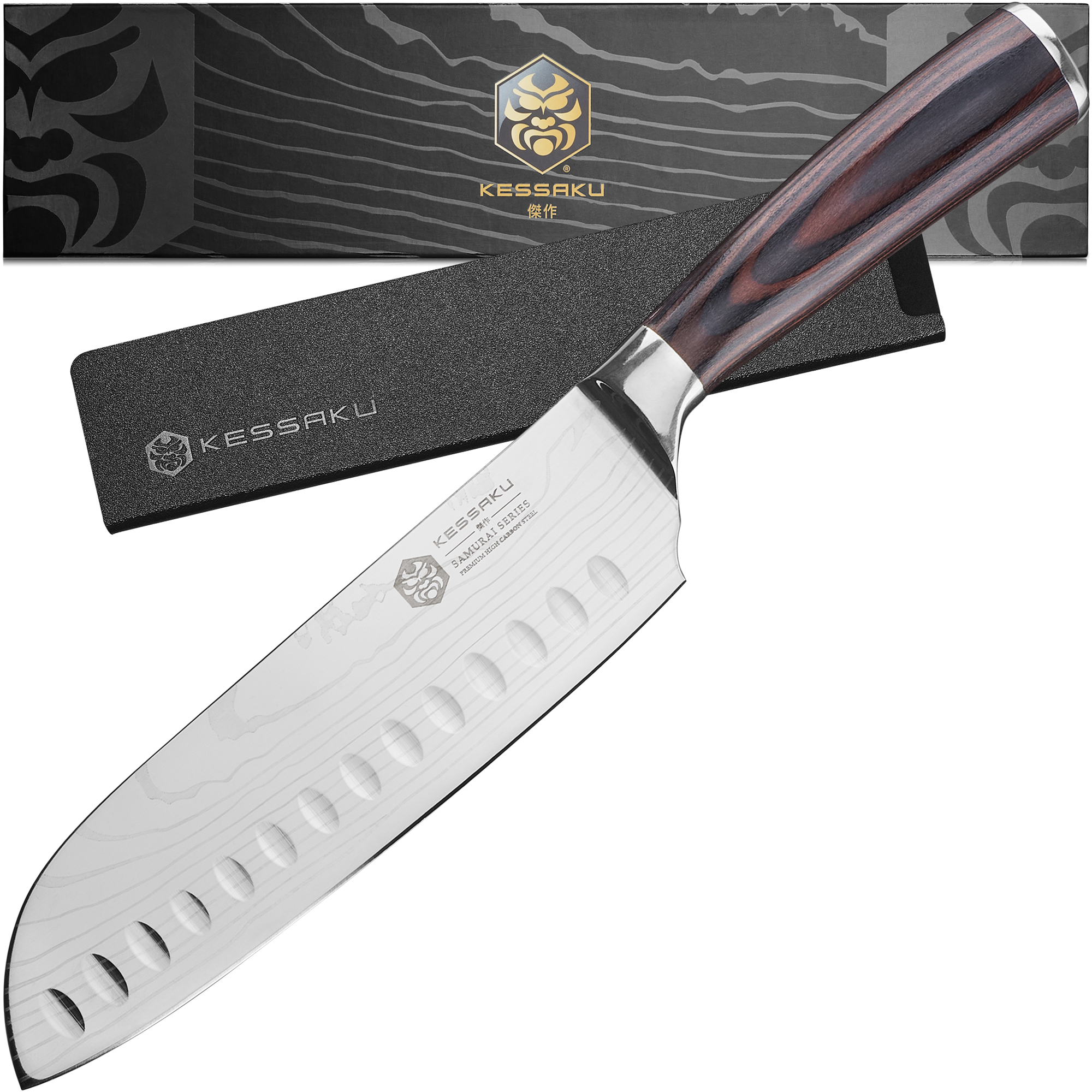 Kessaku Santoku Knife - 7 inch - Samurai Series - Razor Sharp Kitchen Knife - 7Cr17MoV High Carbon Stainless Steel - Wood Handle