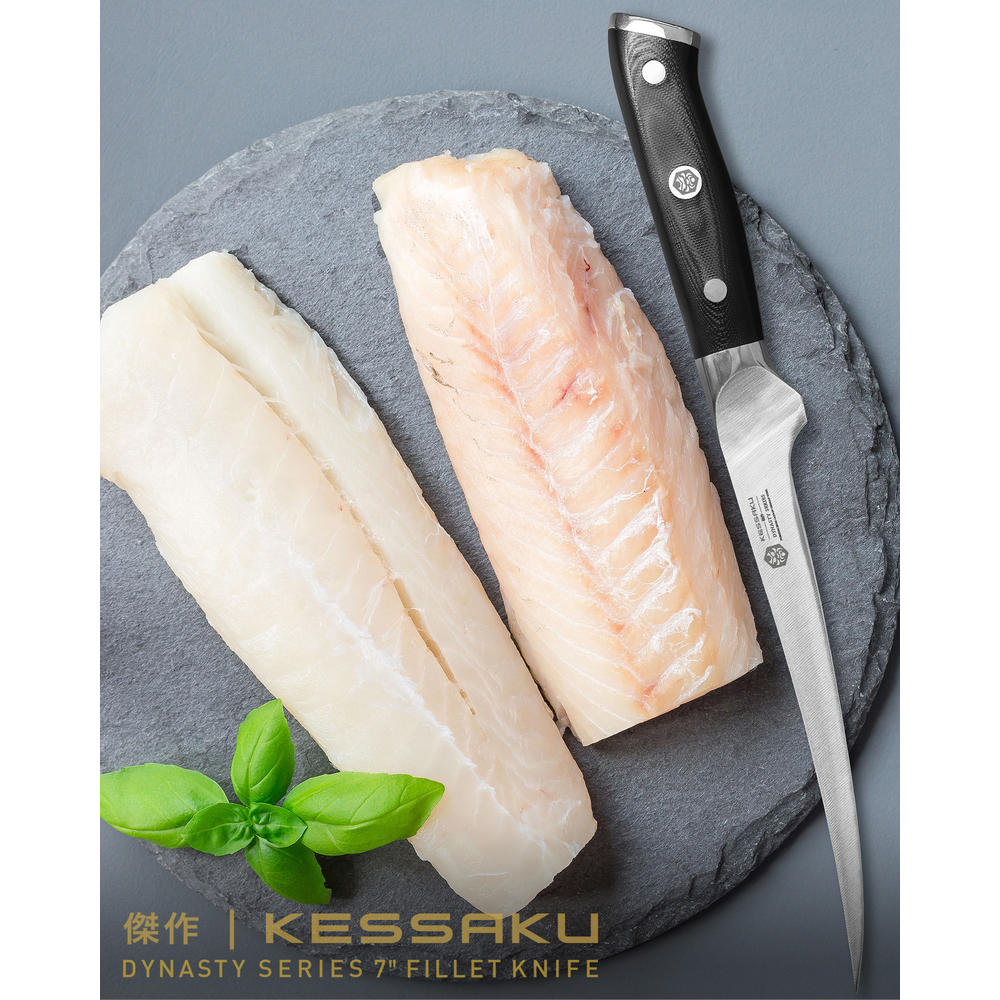 Kessaku Fillet Knife and Leather Sheath with Belt Loop - 7 inch - Dynasty Series - German Stainless Steel - G10 Garolite Handle
