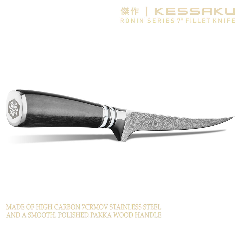 Kessaku Fillet Knife and Leather Sheath with Belt Loop - 7 inch - Ronin Series - 7Cr17MoV Stainless Steel - Wood Handle