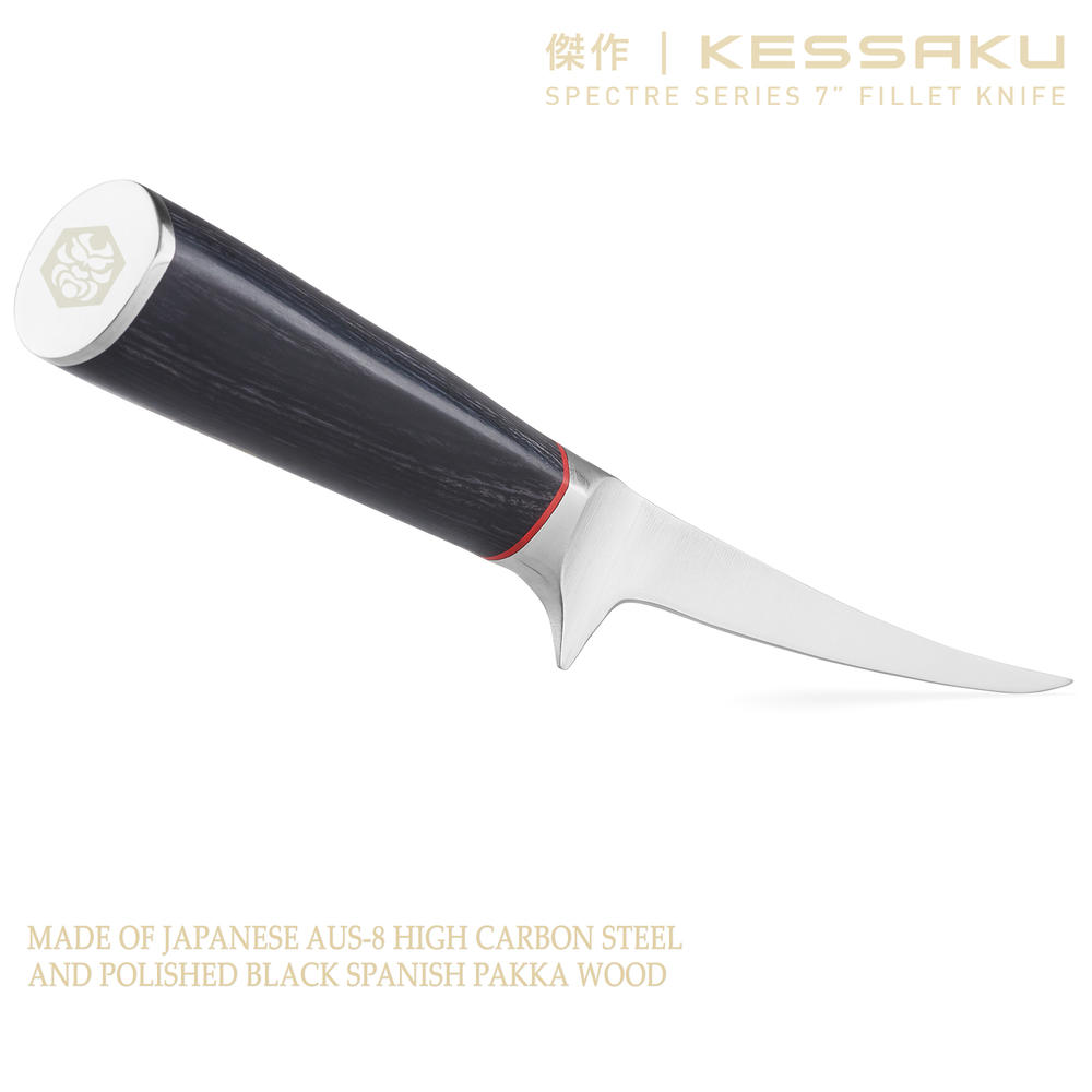 Kessaku Fillet Knife and Leather Sheath with Belt Loop - 7 inch - Spectre Series - AUS-8 HC Stainless Steel - Wood Handle