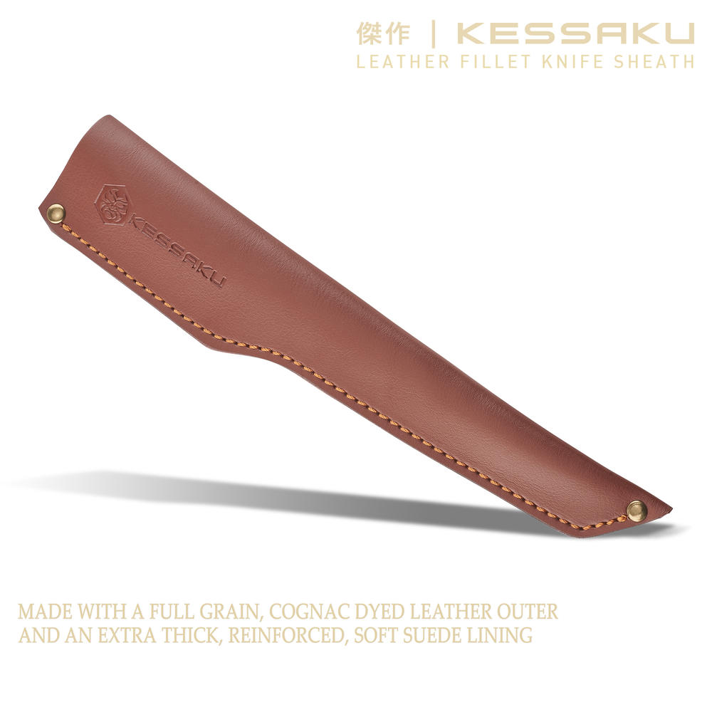 Kessaku Fillet Knife and Leather Sheath with Belt Loop - 7 inch - Spectre Series - AUS-8 HC Stainless Steel - Wood Handle