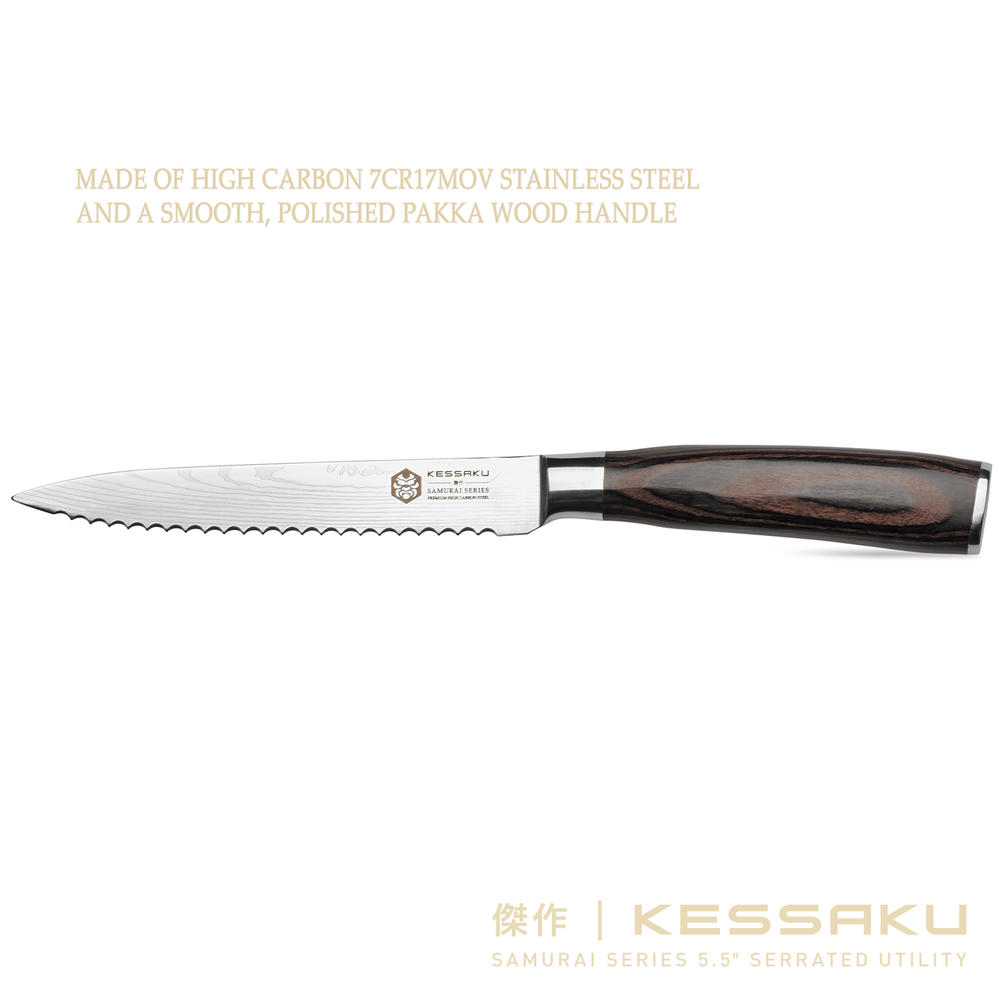 Kessaku Serrated Utility Knife - 5.5 inch - Samurai Series - Razor Sharp Kitchen Knife - 7Cr17MoV Stainless Steel - Wood Handle