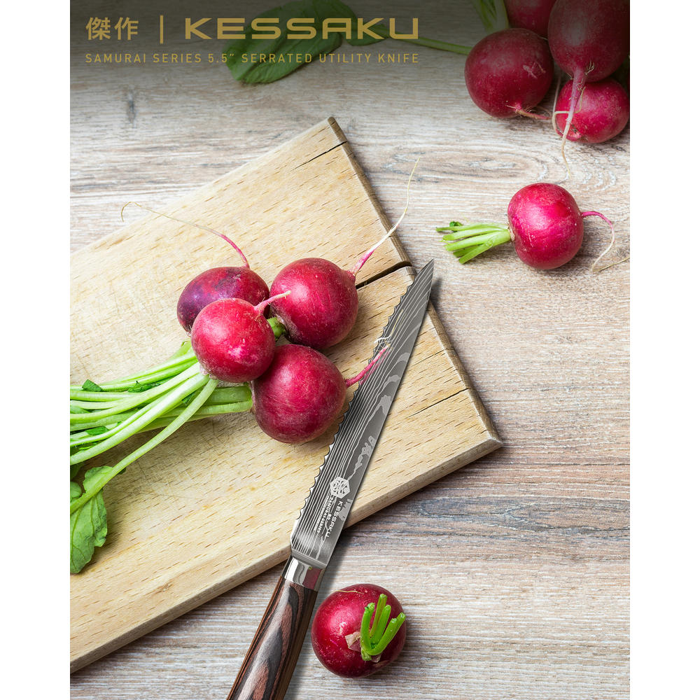 Kessaku Serrated Utility Knife - 5.5 inch - Samurai Series - Razor Sharp Kitchen Knife - 7Cr17MoV Stainless Steel - Wood Handle