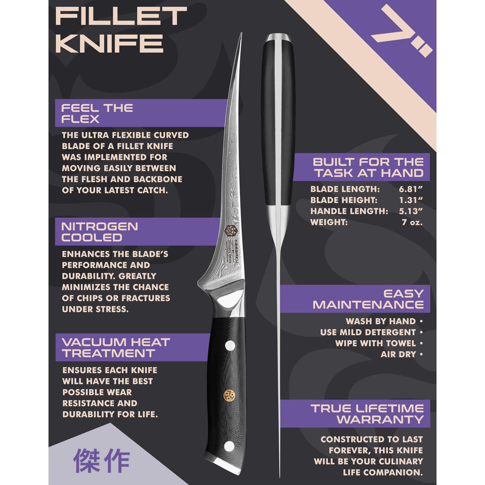 Kessaku Flexible Fillet Knife - 7 inch - Damascus Dynasty Series - Flexible - Razor Sharp - AUS-10V Stainless Steel - G10 Handle