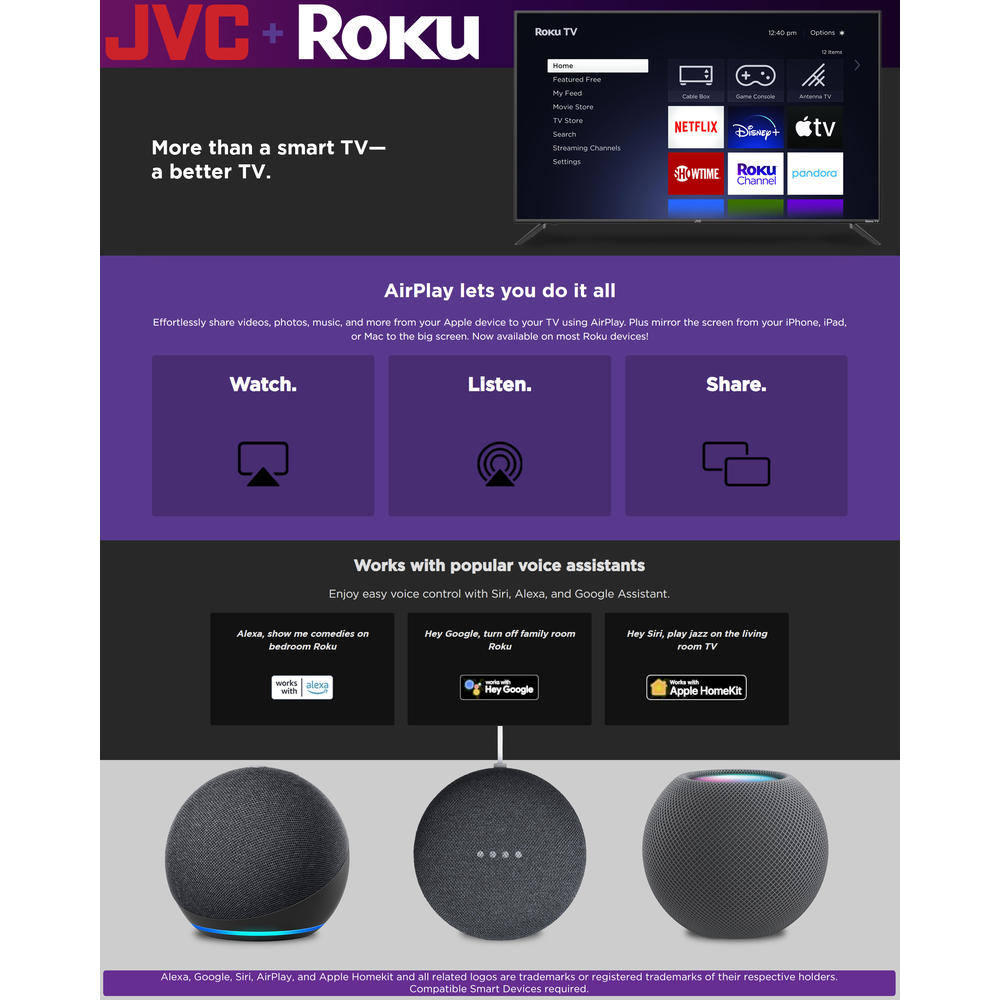 JVC Kenwood JVC 55-Inch 4K UHD LED Roku Smart TV with HDR10, Voice Control App, Airplay, Screen Casting, & 300+ Free Streaming Channels