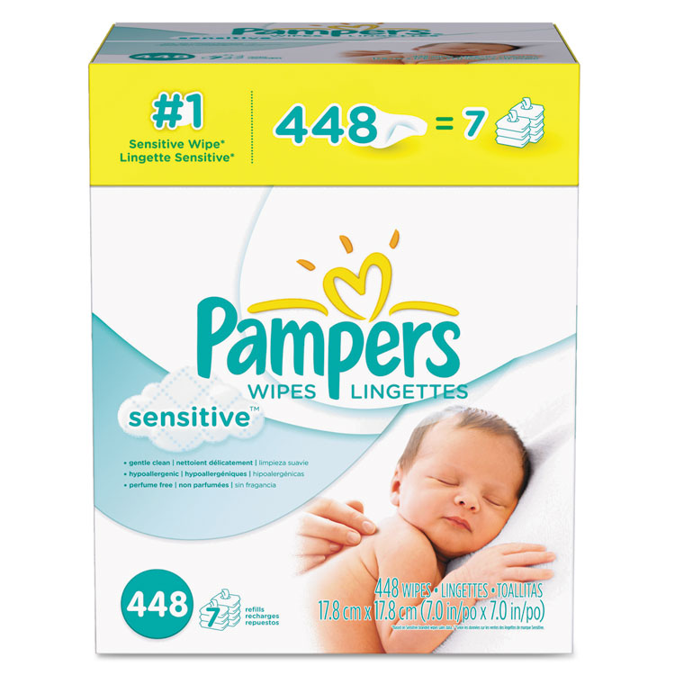 Pampers Sensitive Baby Wipes, White, Cotton, Unscented, 448/Carton