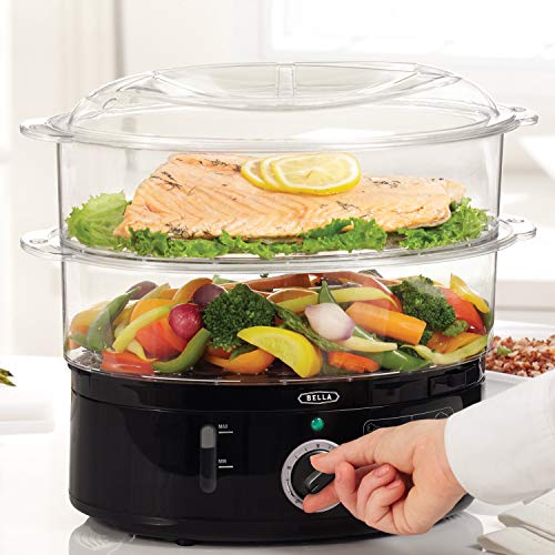 BELLA (13872) 7.4 Quart 2-Tier Stackable Baskets Healthy Food Steamer with Rice & Grains Tray, Auto Shutoff & Boil Dry