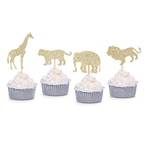 Giuffi 24 Counts Gold Glitter Jungle Safari Animal Cupcake Toppers Elephant Giraffe Lion Tiger for Baby Shower Birthday Party