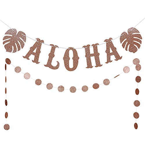 LeeSky Rose Gold Glittery ALOHA Banner and Rose Gold Circle Dots Garland- Hawaii Aloha Luau Tropical Theme Party Summer Beach Party