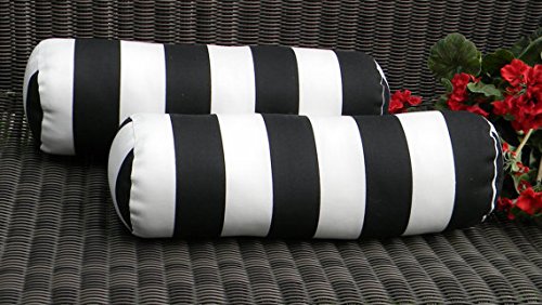 Resort Spa Home Decor Set of 2 Indoor/Outdoor Decorative Bolster/Neckroll Pillows - Black and White Stripe