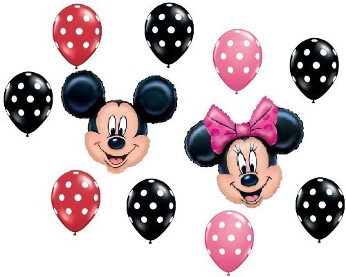 Lgp Mickey Minnie Mouse Red Black Pink Polka Dots Heads Mylar Latex Balloons Set Kit