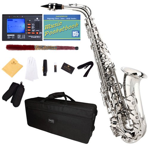 Mendini by Cecilio MAS-N+92D+PB Nickel Plated E Flat Alto Saxophone with Tuner, Case, Mouthpiece, 10 Reeds and More
