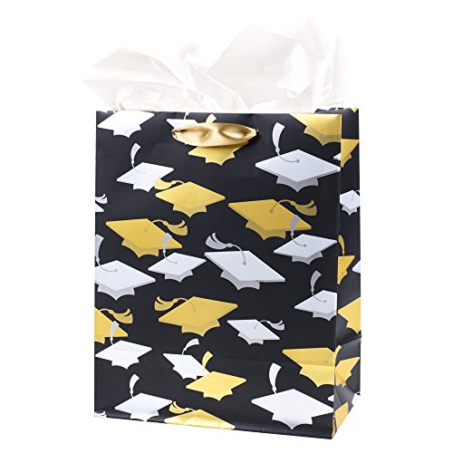 Hallmark 9" Medium Graduation Gift Bag with Tissue Paper (Gold and Silver Mortarboards on Black) for College, High School,