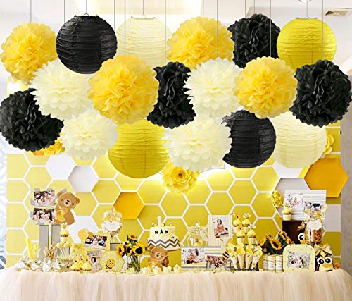 HappyField Honey and Bee Baby Shower Decorations Yellow Cream Black Tissue  Paper Pom Poms Flower Paper Lanterns for Honey Bee