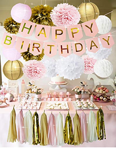 HappyField Pink and Gold Birthday Party Decorations Happy Birthday Bunting Banner Tissue Paper Pom Poms Flowers Paper Lanterns Paper