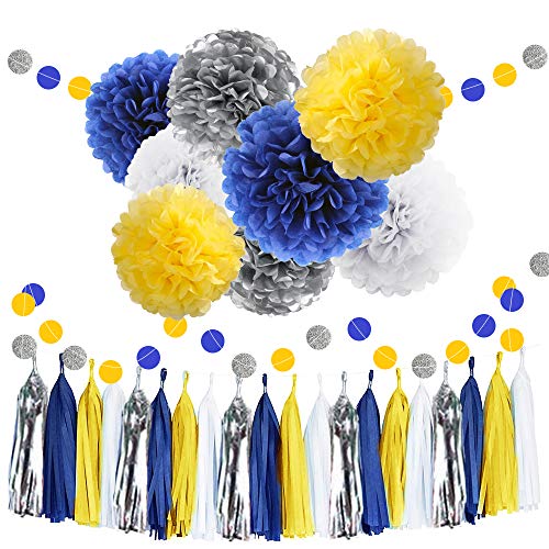 WAYSLA 30pcs Tissue Pom Poms Yellow Blue Color Party Supplies,Navy Yellow White Silver Birthday Party Decorations Paper Tassel